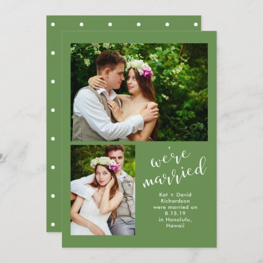 シックな緑 | 2つの写真の結婚のお知らせ 案内状 (正面/裏面)