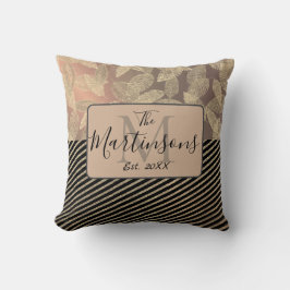 シックな羽と金ゴールドストライプモノグラムファミリー クッション