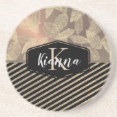 シックな羽と金ゴールドストライプモノグラム コースター (正面)