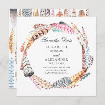 シックな羽のリース。Boho結婚式は日付を保存