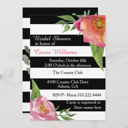 シックな花とストライプ花束シャワー招待 招待状 (正面/裏面)