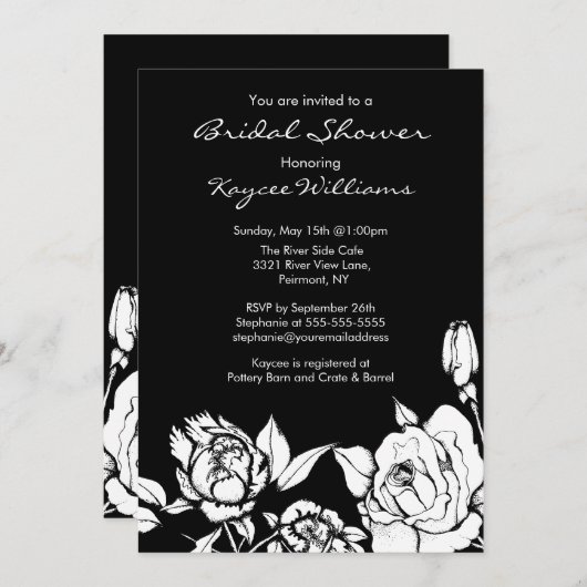 シックな花のブライダルシャワーの招待状の黒 招待状 (正面/裏面)