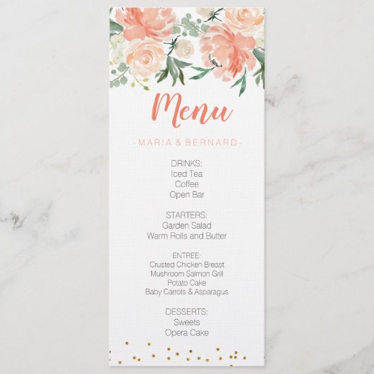シックな花のモモの金ゴールドメニューカード メニュー (正面)