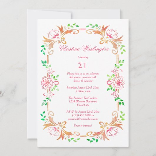 シックな花の水彩画の第21誕生日の倍は味方しました 招待状 (裏面)