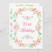 シックな花の水彩画の第21誕生日の倍は味方しました 招待状 (正面/裏面)