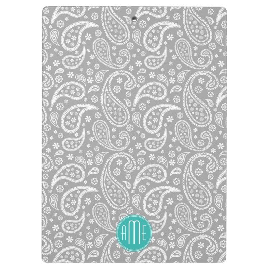 シックな花の灰色のペイズリーパターン及び青いモノグラム クリップボード (裏面)