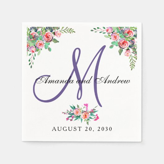 シックな花の紫外モノグラムの結婚式 スタンダードカクテルナプキン (正面)