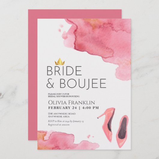 シックな花嫁とブジェブライダルシャワー 招待状 (正面/裏面)