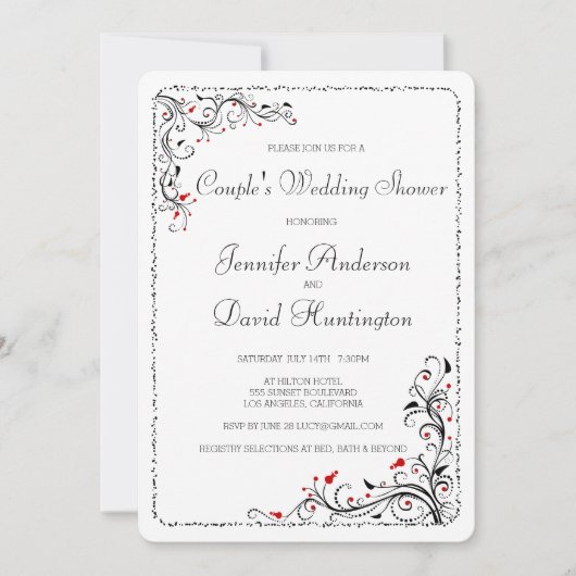シックな花柄の渦巻のカップルのウェディングシャワー 招待状 (正面)