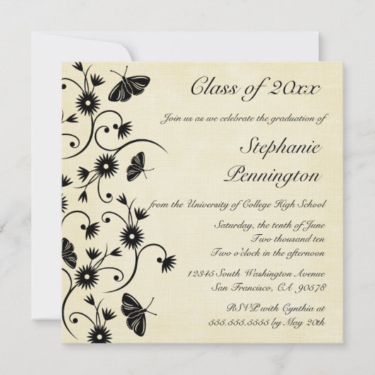 シックな花柄の渦巻の卒業パーティーの発表 招待状 (正面)