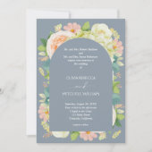 シックな花模様結婚ズオールインワンダスティブルー 招待状 (正面)