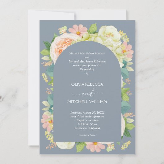 シックな花模様結婚ズオールインワンダスティブルー 招待状 (正面)
