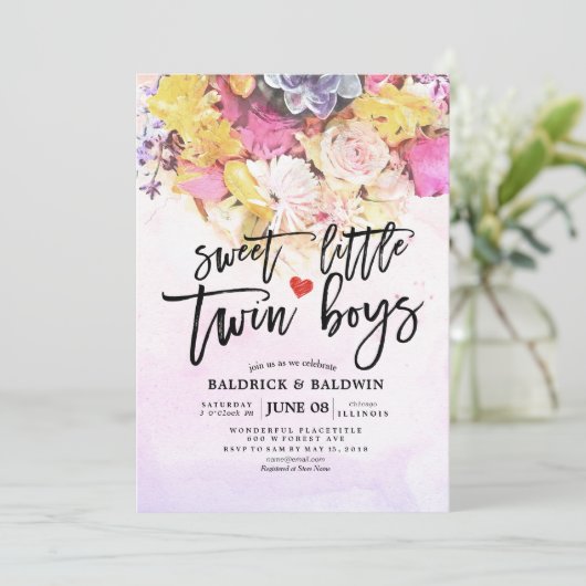 シックな花赤ちゃんシャワー甘い小さな双子の男の子 招待状 (スタンド正面)