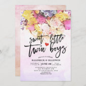 シックな花赤ちゃんシャワー甘い小さな双子の男の子 招待状 (正面/裏面)