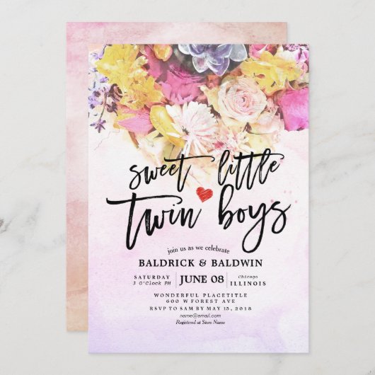 シックな花赤ちゃんシャワー甘い小さな双子の男の子 招待状 (正面/裏面)