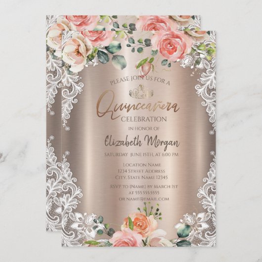 シックな花,レース,ティアラキンセアニラ 招待状 (正面/裏面)