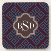 シックな茶色のギリシャ人の鍵幾何学的なパターンモノグラム コースター (正面)
