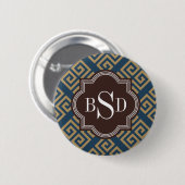 シックな茶色のギリシャ人の鍵幾何学的なパターンモノグラム 缶バッジ (正面&裏面)