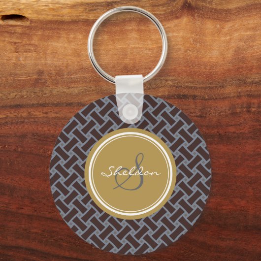 シックな茶色のギリシャ鍵幾何学模様モノグラム キーホルダー (正面)