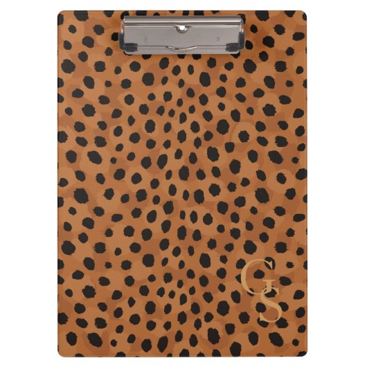シックな茶色のチータのプリントのモノグラム クリップボード (正面)
