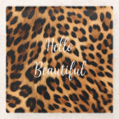 シックな茶色のヒョウ柄 ガラスコースター (正面)