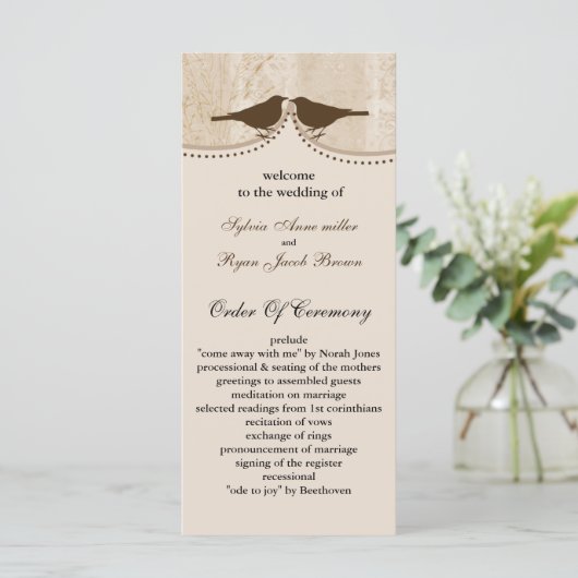 シックな茶色の鳥のケージ、愛の鳥の結婚式プログラム プログラム (スタンド正面)