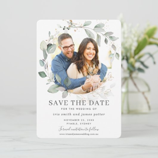 シックな葉緑の金ゴールド写真Save the Date Card 招待状 (スタンド正面)