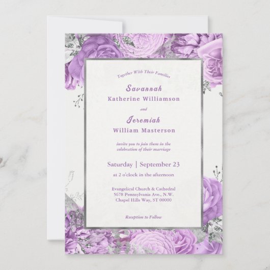 シックな薄紫シルバーフローラカスタマイズ結婚可能 招待状 (正面)