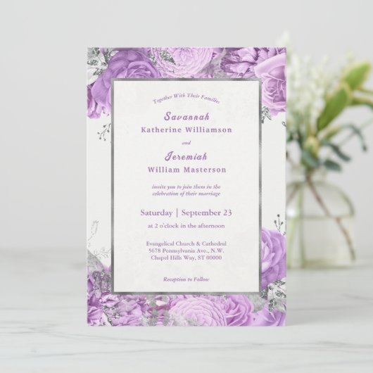 シックな薄紫シルバーフローラカスタマイズ結婚可能 招待状 (スタンド正面)