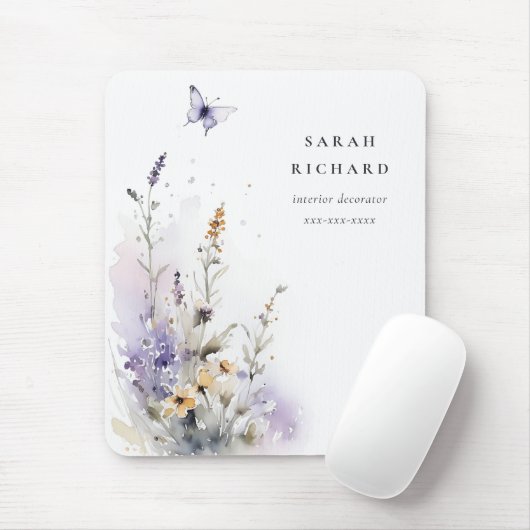 シックな薄紫紫色のワイルドフラワーバタフライウォーター色 マウスパッド (マウス)