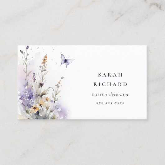 シックな薄紫紫色のワイルドフラワーバタフライウォーター色 名刺 (正面)
