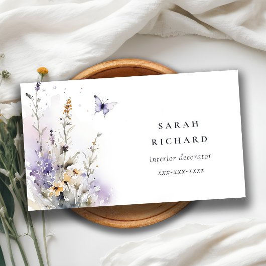 シックな薄紫紫色のワイルドフラワーバタフライウォーター色 名刺
