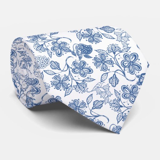 シックな藍色の民族の花柄のネクタイ ネクタイ (ロール)