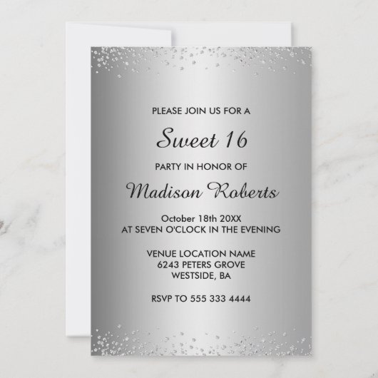 シックな虹色の銀のグリッタードリップスウィート16 招待状 (裏面)
