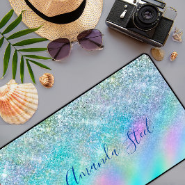 シックな虹色グラデーションブルーフェイクグリッター デスクマット