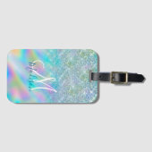 シックな虹色グラデーション青フェイクグリッターモノグラム ラゲッジタグ (正面横)
