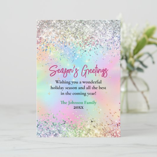 シックな虹色グリッタークリスマス新年の緑 カード (スタンド正面)