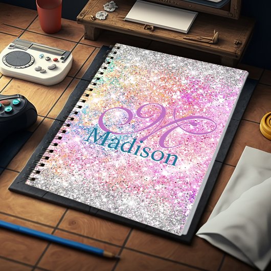 シックな虹色ピンクの銀フェイクグリッターモノグラム ノートブック