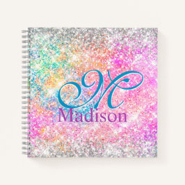 シックな虹色ピンクの銀フェイクグリッターモノグラム ノートブック