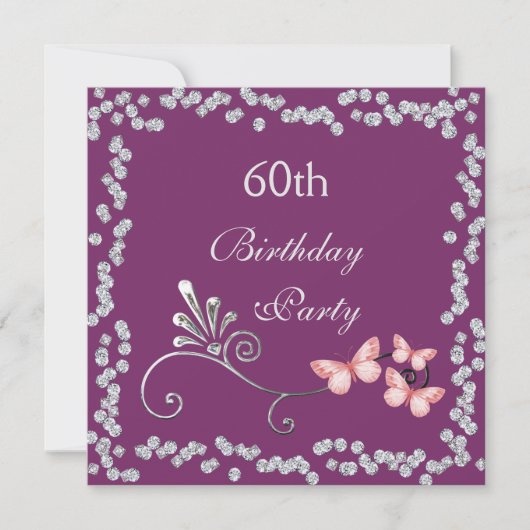 シックな蝶とダイヤモンドの60歳の誕生日 招待状 (正面)