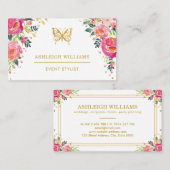 シックな蝶/ピンクの水彩画の花柄 名刺 (正面/裏面)