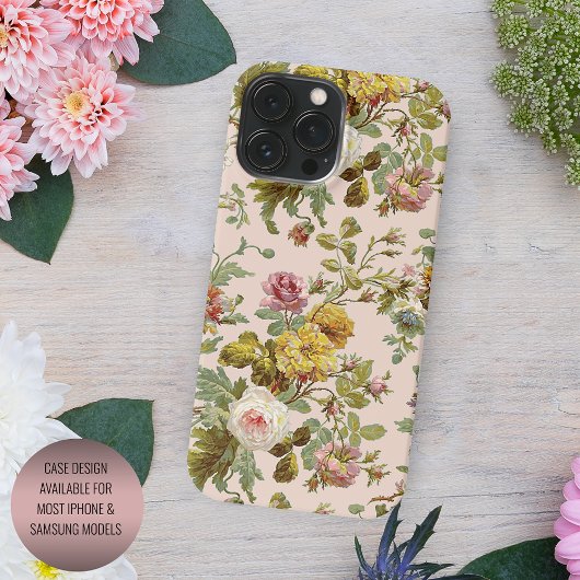 シックな血色感のあるピンクのバラ 黄色い花の葉の模様 Case-Mate iPhoneケース
