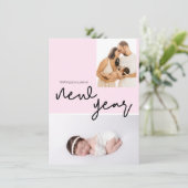 シックな誕生フォトハッピーベビーガール新年ピンク シーズンカード (スタンド正面)