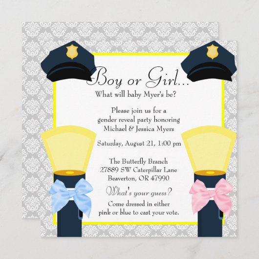 シックな警官のバッジのダマスク織の性は明らかにします 招待状 (正面/裏面)