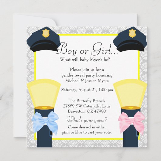 シックな警官のバッジのダマスク織の性は明らかにします 招待状 (正面)