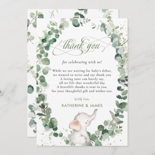 シックな象の緑の赤男女兼用ちゃんシャワー サンキューカード (正面/裏面)