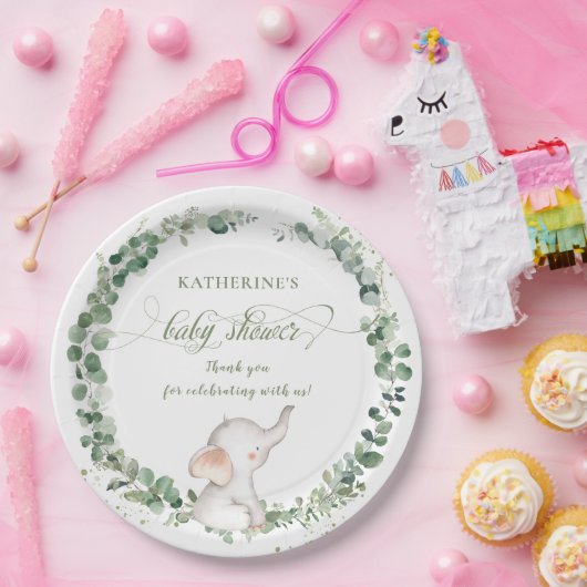 シックな象の緑の赤男女兼用ちゃんシャワー ペーパープレート (パーティー)