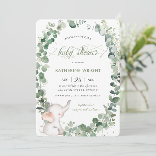 シックな象の緑の赤男女兼用ちゃんシャワー 招待状 (スタンド正面)