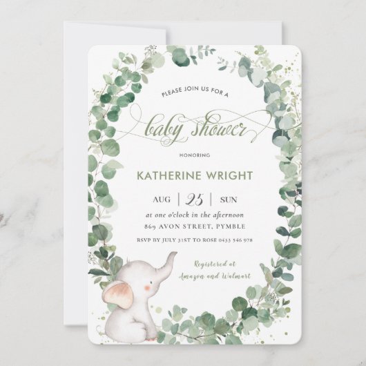 シックな象の緑の赤男女兼用ちゃんシャワー 招待状 (正面)