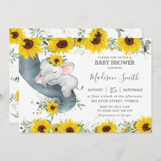 シックな象ひまわりフローラ赤ちゃんシャワーガール 招待状 (正面/裏面)